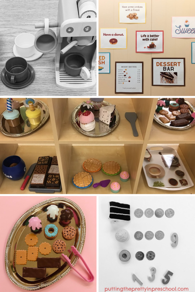 Your little learners will love playing in this tasty dessert bar pretend play center with a coffee brewing station.