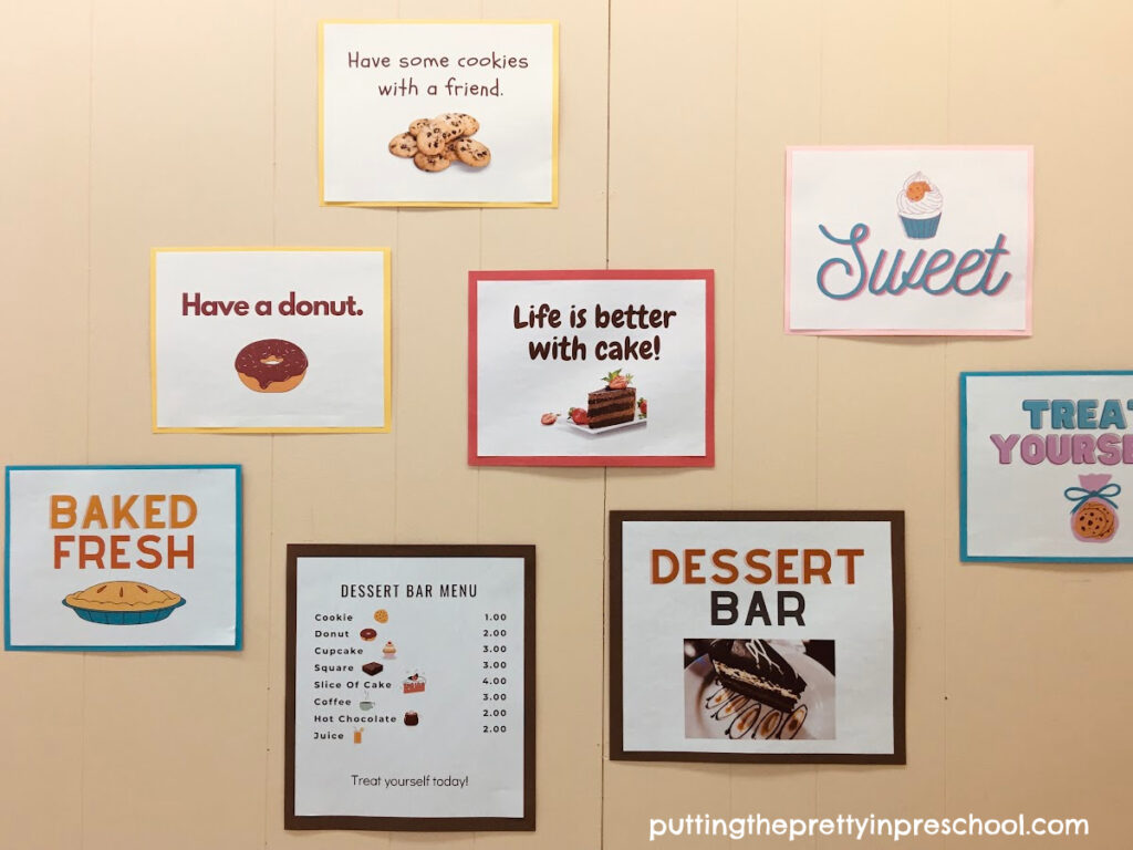 Add ambiance to a dessert bar play center with a sign, menu, and pictorial quotes.