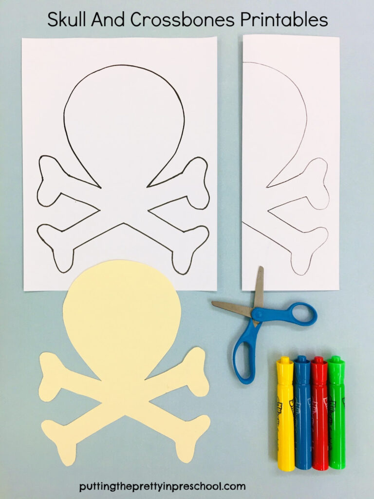 Invitation to create "creepy art" with two free skull and crossbones printables. Scissor skill practice is also a goal.