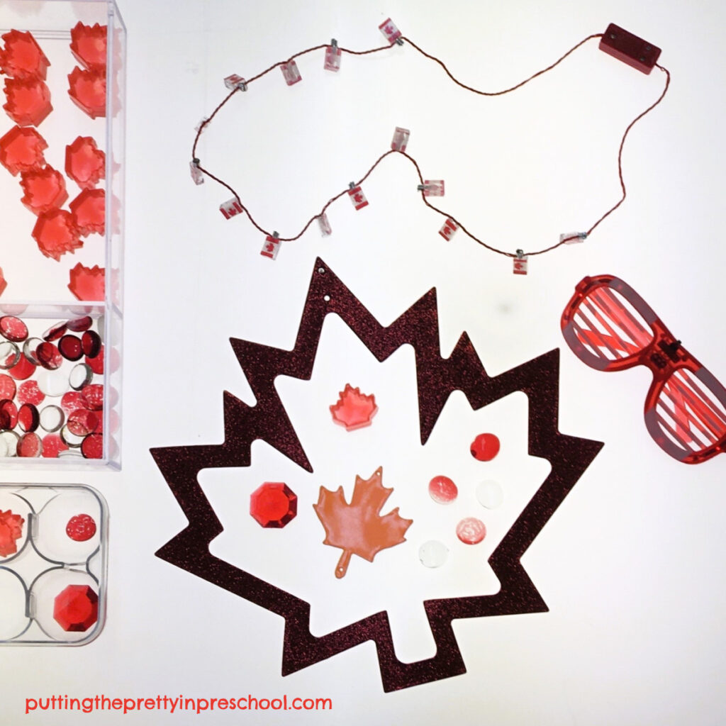 This Canada Day sensory play invitation for a light table or light box is party-ready. Transparent maple leaves and light-up accessories are the highlights!
