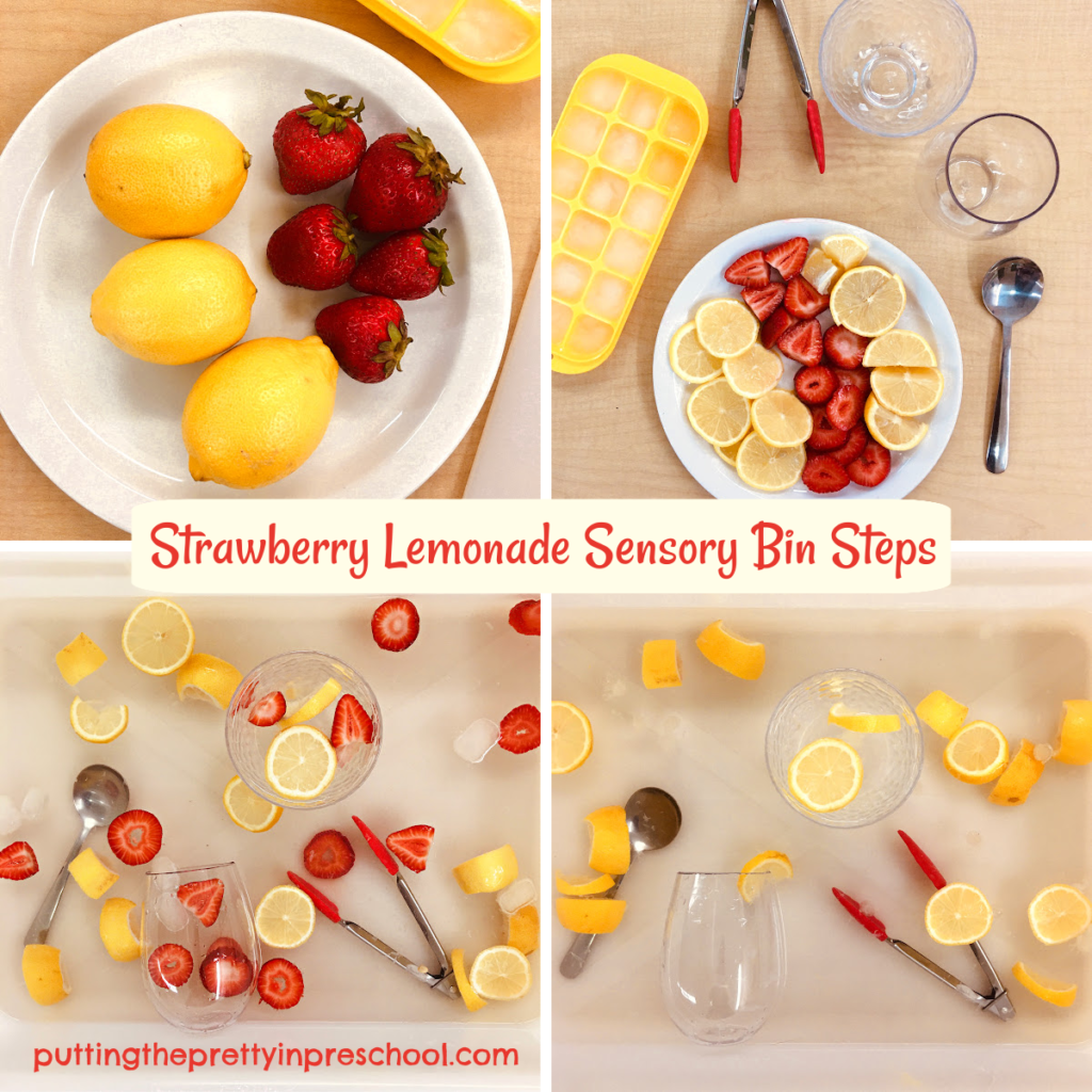 Steps to easily put together a colorful, refreshing strawberry lemonade sensory bin.