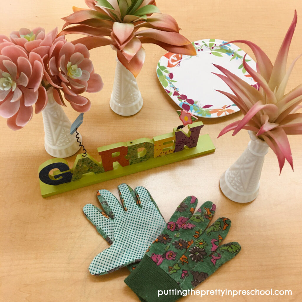 Artificial succulents are just the right size for little hands and add texture and interest to a flower stand dramatic play center.