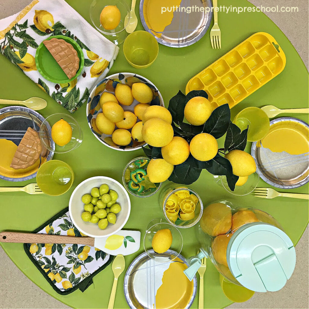 A cheery lemon-inspired play kitchen theme that early learners will love. The lemony decor and loose parts will inspire imaginative dramatic play.