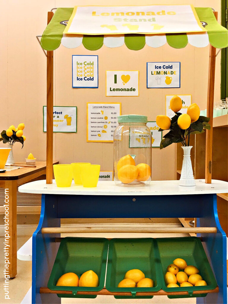 A lemonade stand and dramatic play center with much more than lemonade for sale! Loose parts complement the center offerings.