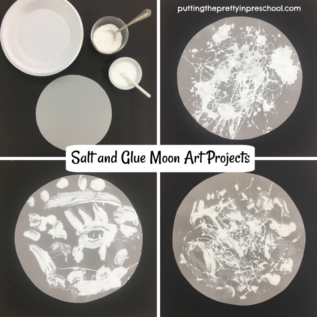 Stunning moon art made with a salt and glue art technique. Teach facts about the moon while doing this process art activity.