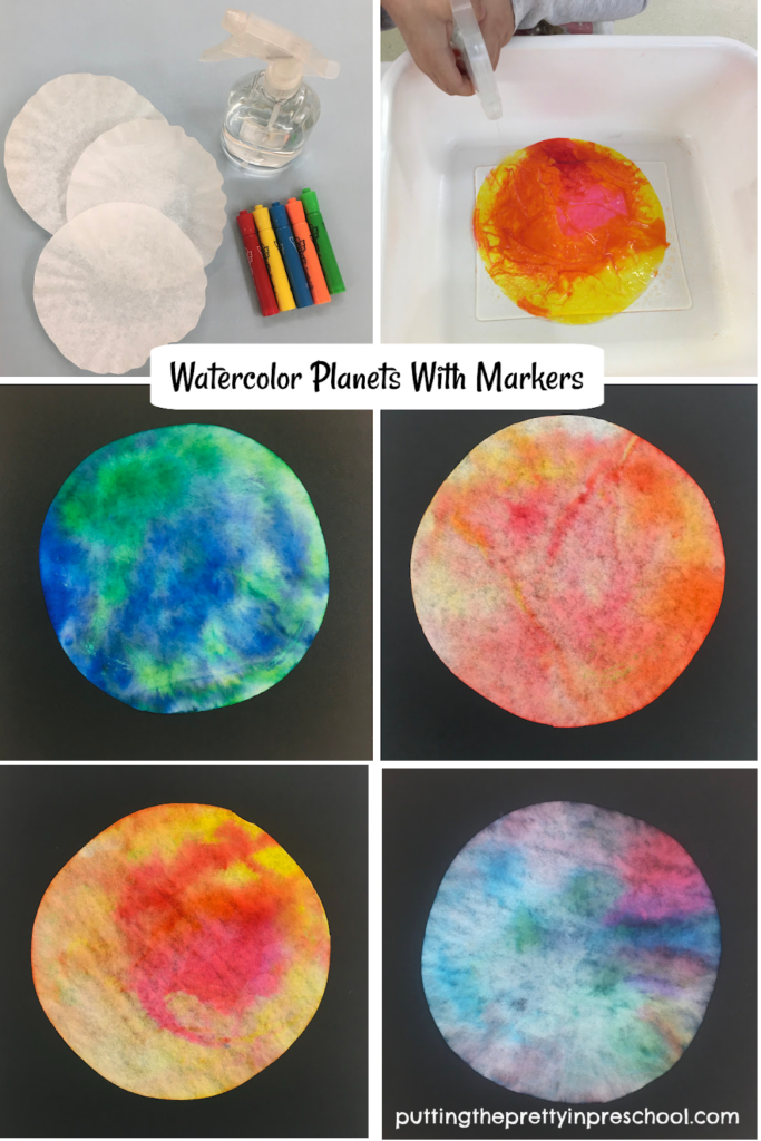 Steps to create stunning watercolor planets with markers. This all-ages process art looks beautiful displayed together.