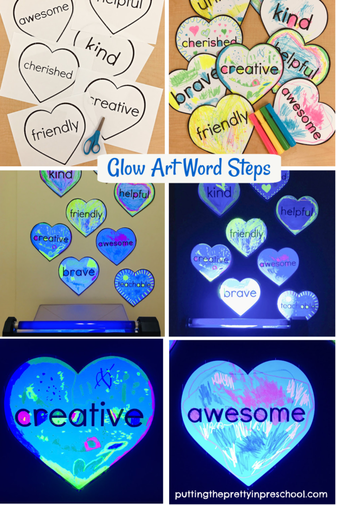 Steps to perform a black light "words of affirmation" glow art activity. The art project is perfect for the beginning of the year, the end of the year, or anytime in between.
