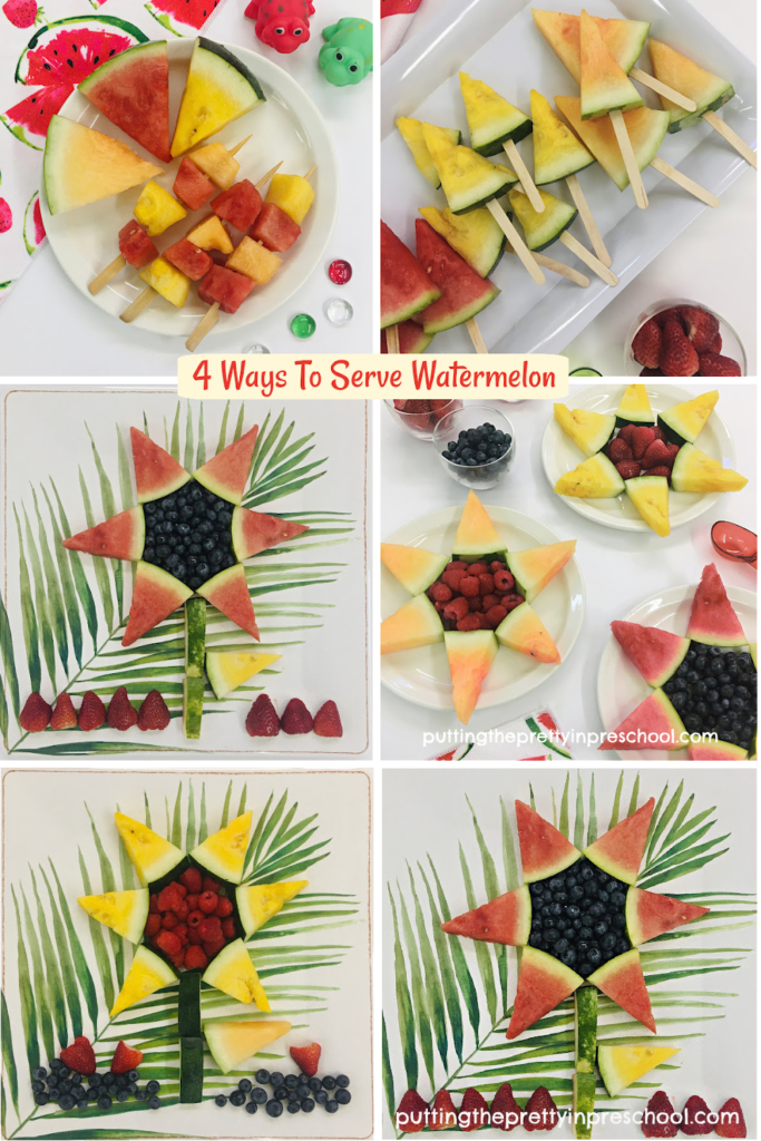 Four ways to serve watermelon that make snack time more fun. Orange, yellow, and traditional red watermelon varieties are featured.