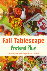 Seasonal loose parts are the highlight of this fun fall tablescape pretend play setup. Imaginative play is sure to happen!