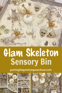 Gold and silver loose parts add elegance to this glam skeleton sensory bin. They make skulls and skeletons inviting to explore.