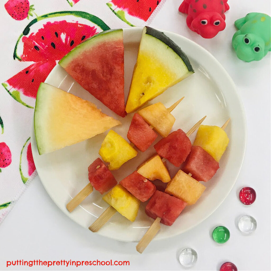 Fruity watermelon skewers using orange, yellow, and red watermelon add fun and sensory opportunities to snack time.