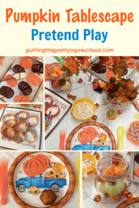 Pumpkins in all shapes and forms are the highlights in this easy-to-set-up pumpkin tablescape pretend play center that little learners will love.