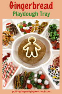 This gingerbread playdough tray is filled with festive loose parts. The spicy playdough recipe is easy to make and little hands can help.