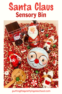 This Santa Claus sensory bin is filled with many economical dollar store supplies. It's a sure-to-please bin that can be set up in minutes.