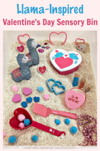 An adorable llama-inspired valentine sensory bin with a rice base. There are lots of fun heart-themed loose parts to explore in the bin.