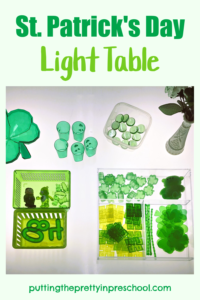 This St. Patrick's Day light table is filled with green transparent loose parts and treasures little learners will love to explore.