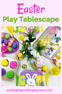 A bright and cheery Easter dramatic play tablescape for your little learners. Loose parts add imaginative play possibilities.