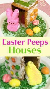 Make two different Easter peeps houses with graham crackers and chick and bunny peeps. Create one with your little learner today!