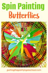 Create beautiful spin painting butterflies with a salad spinner. This is an all-ages, no-fail, super fun process arty activity.