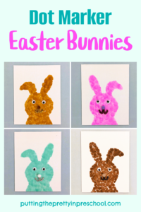 These super easy and fun dot marker Easter bunnies are created on canvas board. This is an all-ages silhouette bunny art project.