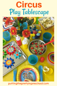 This circus pretend play tablescape adds a whole lotta color to and fun a circus theme. Many interesting loose inspire imaginative play.
