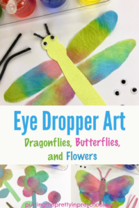 Beautiful paper towel eye dropper art. Do the process art activity on its own or turn the art into dragonfly, butterfly, and flower designs.