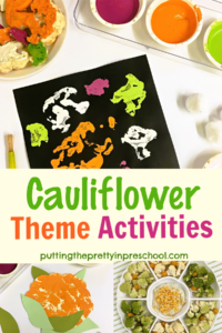 Easy and fun cauliflower theme activities. Art, craft, science and snack ideas are included in this hands-on vegetable theme. A free printable is included.